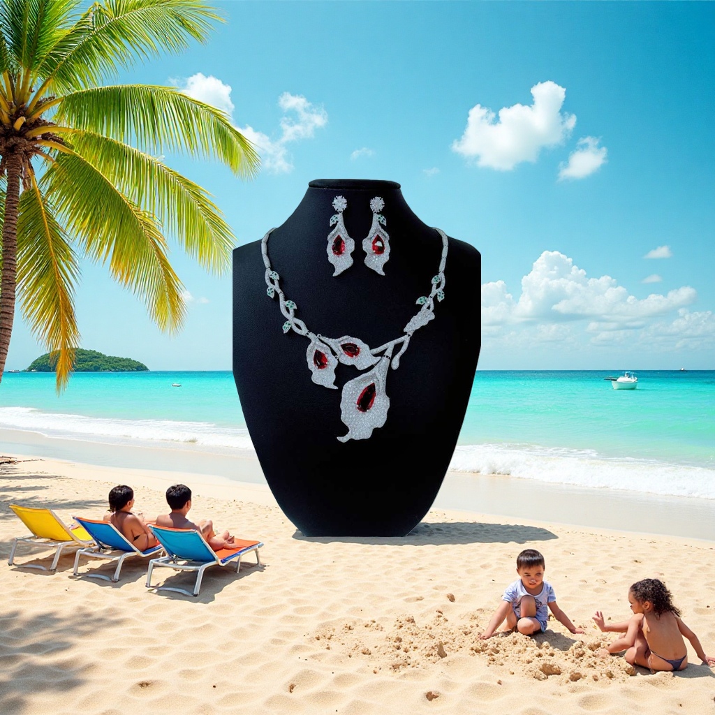 Silver diamond-encrusted red and green gemstone leaf-shaped necklace and earring set details Picture