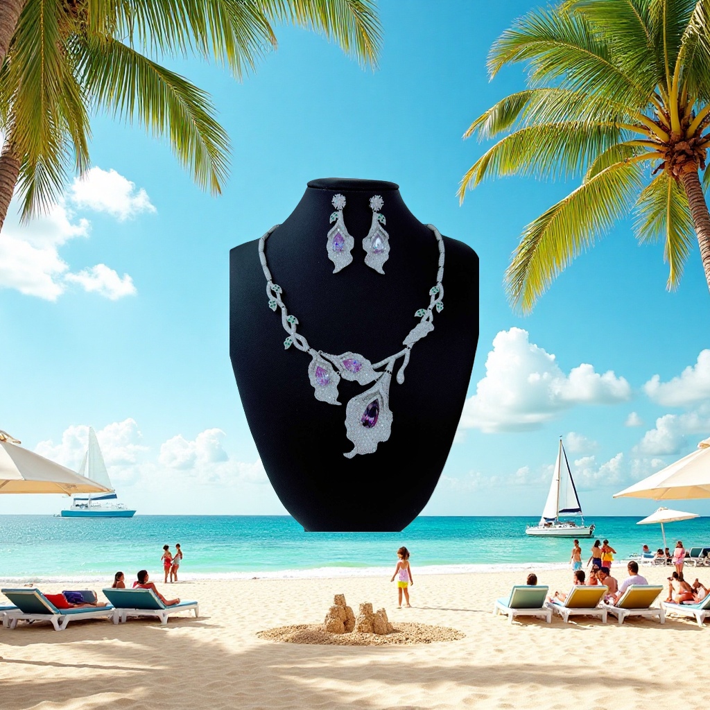 Silver diamond-encrusted red and green gemstone leaf-shaped necklace and earring set Application Scenario