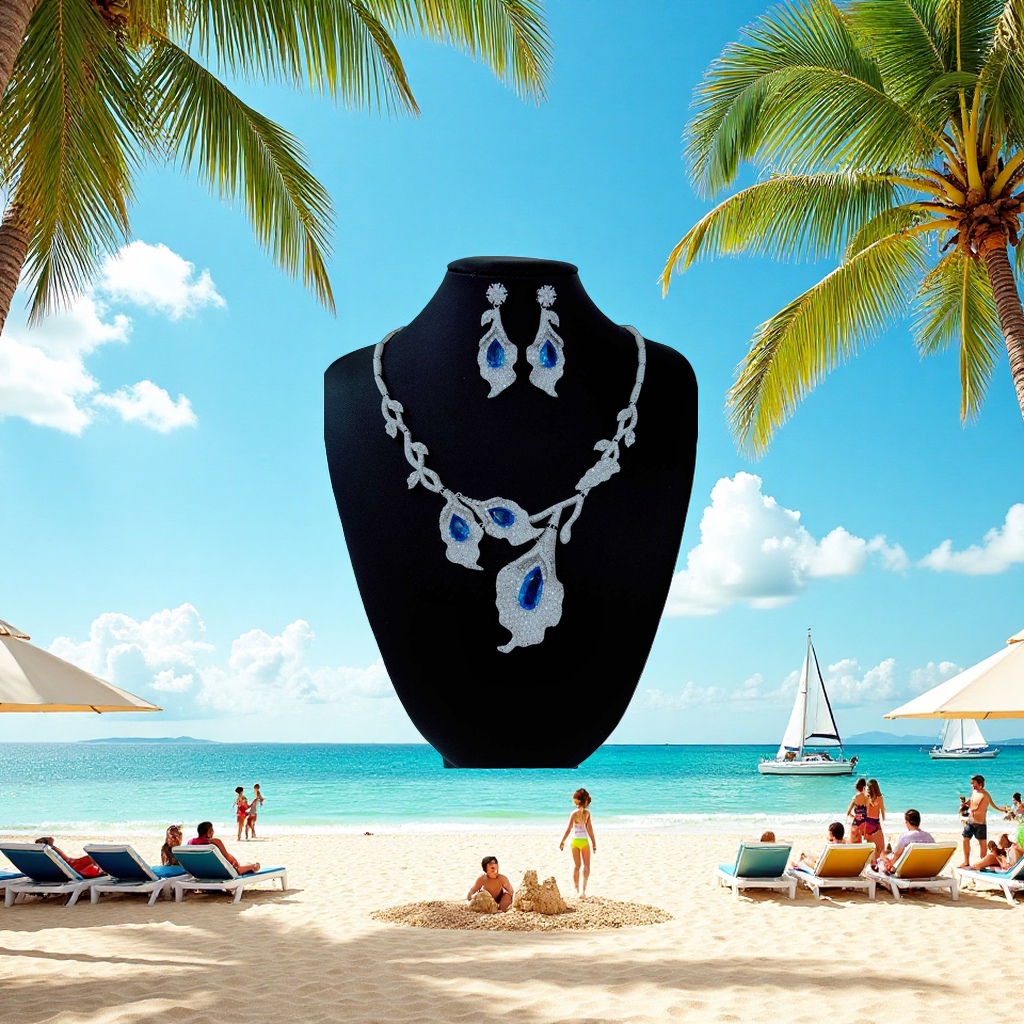 Silver diamond-encrusted red and green gemstone leaf-shaped necklace and earring set Specification image