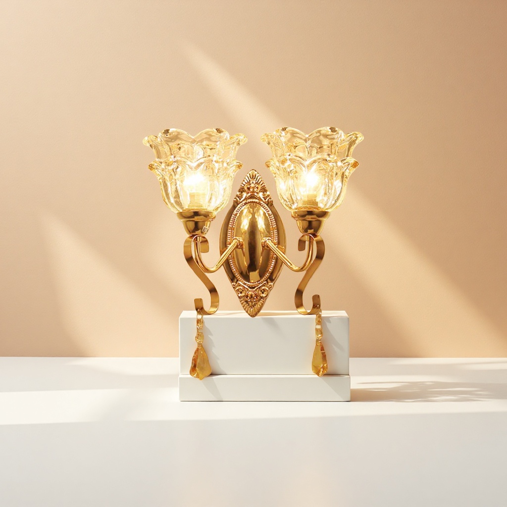 The golden wall lamp is in full bloom with a double-flower-shaped crystal lampshade. The carved metal base hangs an amber crystal pendant