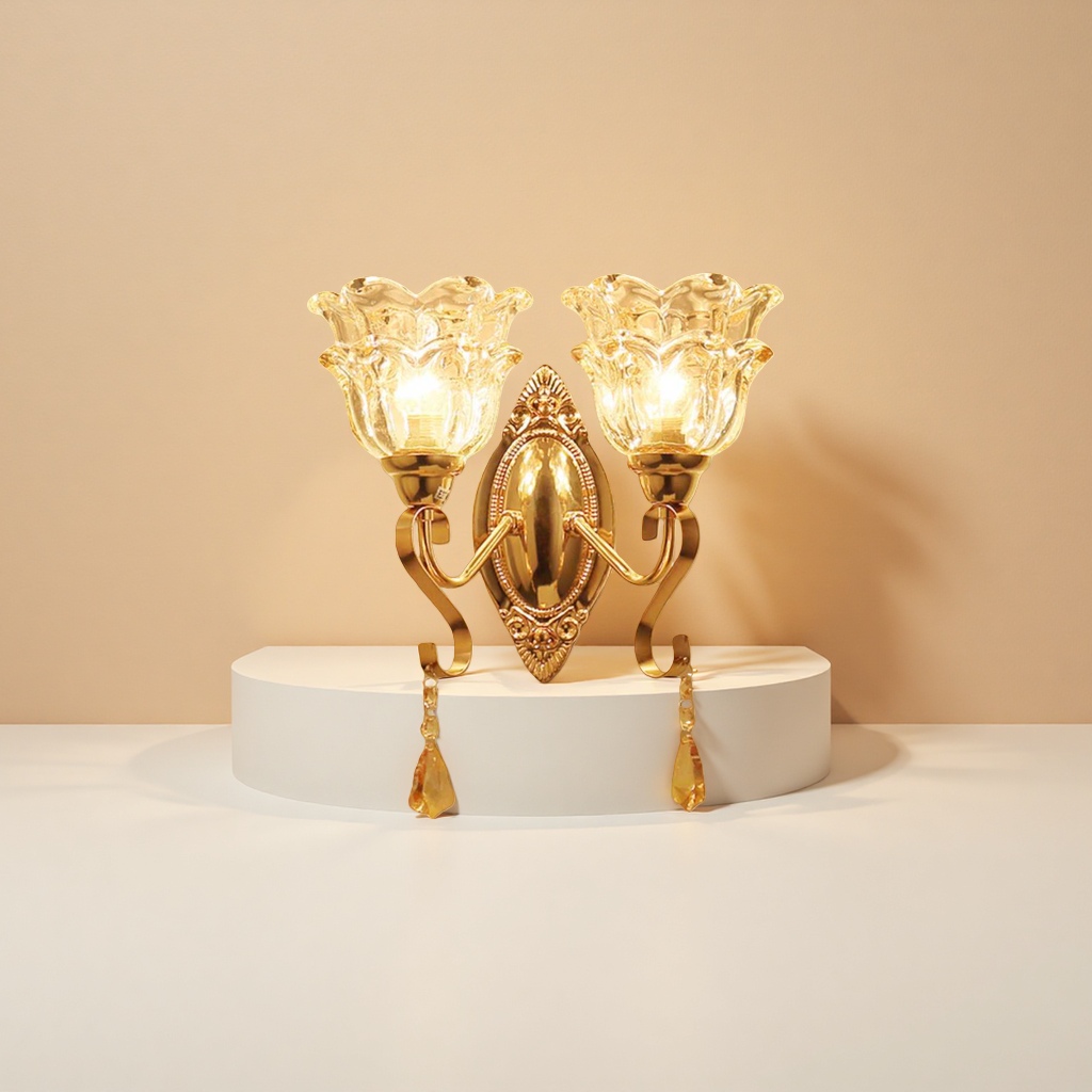 The golden wall lamp is in full bloom with a double-flower-shaped crystal lampshade. The carved metal base hangs an amber crystal pendant details Picture