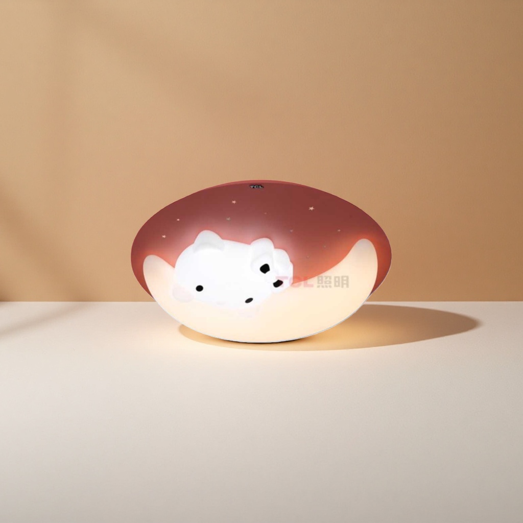 Pink moon-shaped lighting fixtures and white bear pattern creative bedroom atmosphere lights details Picture