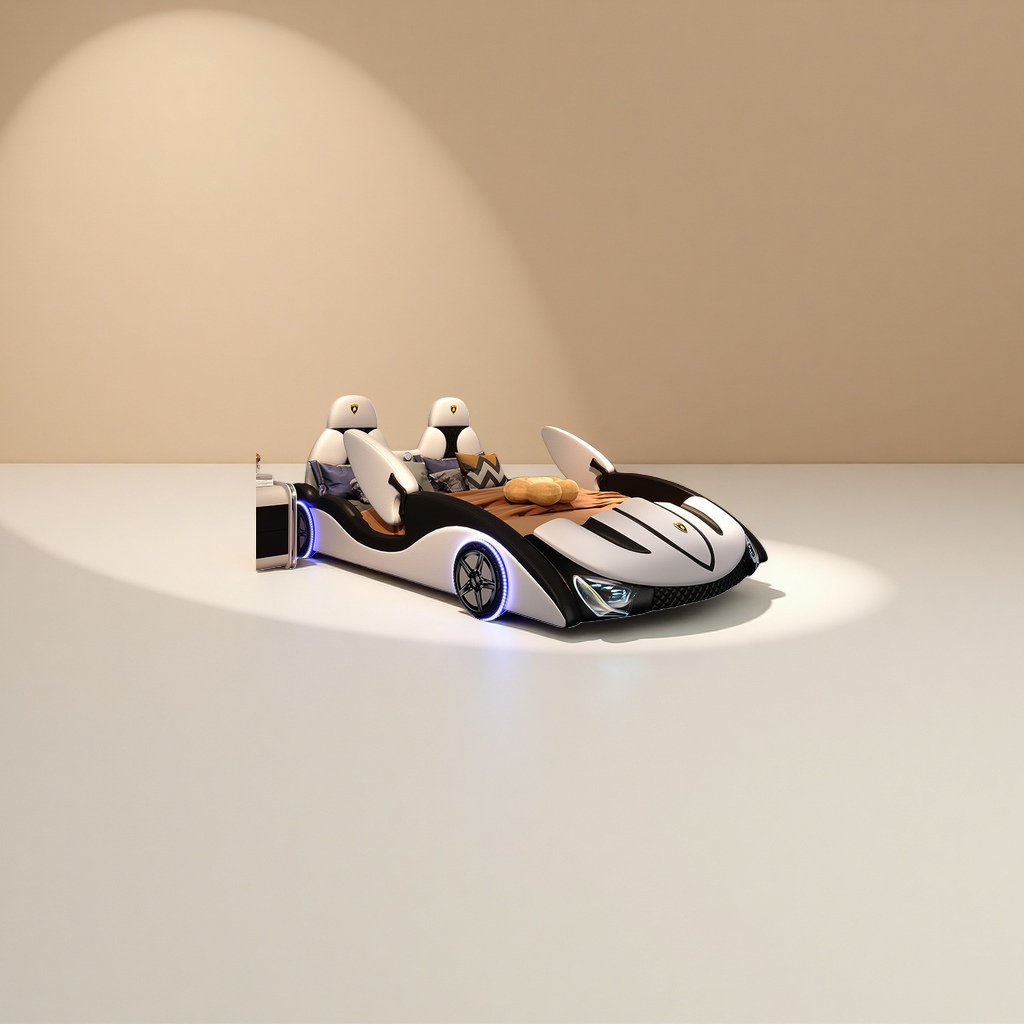 White sports car-shaped bed set, children's room theme bed sheet and duvet cover four-piece set Specification image