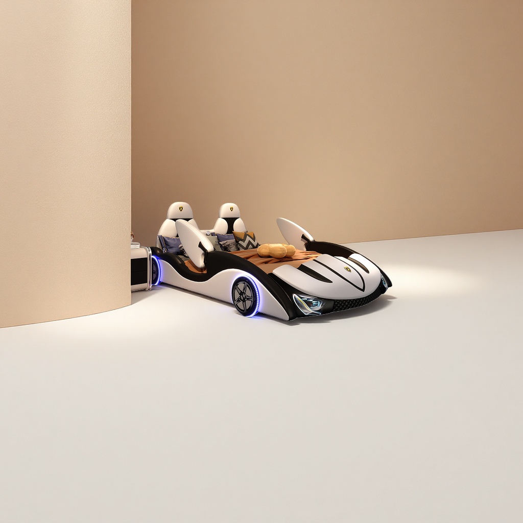 White sports car-shaped bed set, children's room theme bed sheet and duvet cover four-piece set