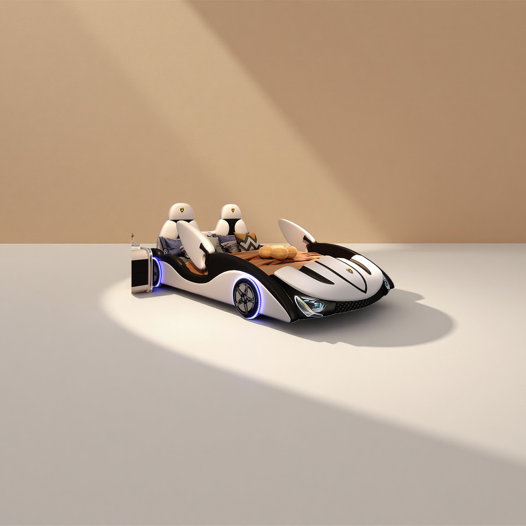 White sports car-shaped bed set, children's room theme bed sheet and duvet cover four-piece set details Picture