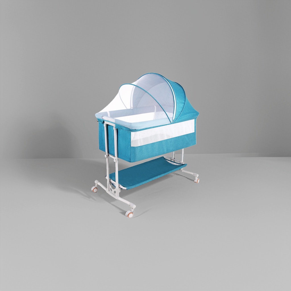 Blue crib made of solid wood, environmentally friendly, adjustable height and height guardrail with rollers details Picture