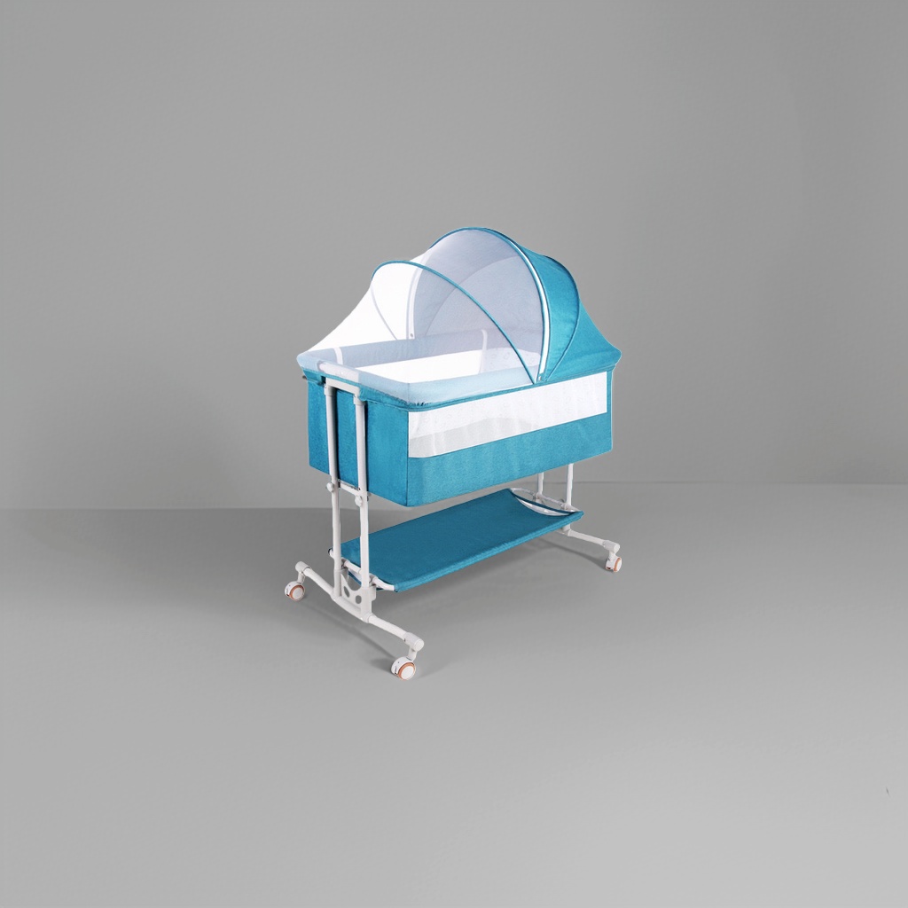 Blue crib made of solid wood, environmentally friendly, adjustable height and height guardrail with rollers Specification image