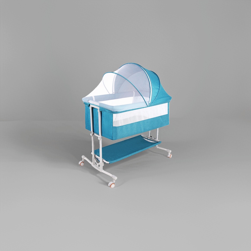 Blue crib made of solid wood, environmentally friendly, adjustable height and height guardrail with rollers Application Scenario