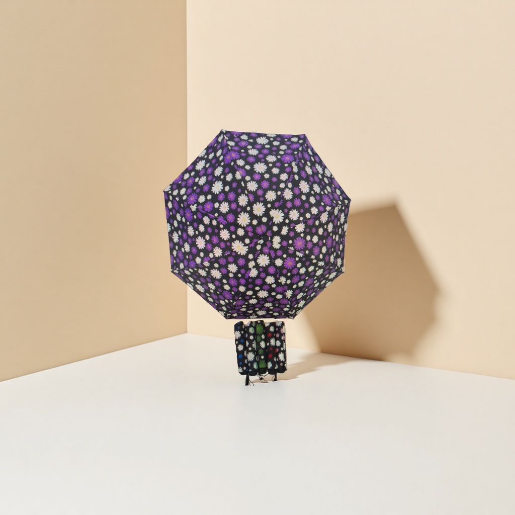 黑色底紫色白色雏菊图案雨伞细节图