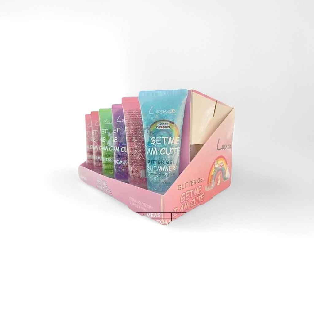 彩色 glitter gel 管装产品置于粉色展示盒中产品图