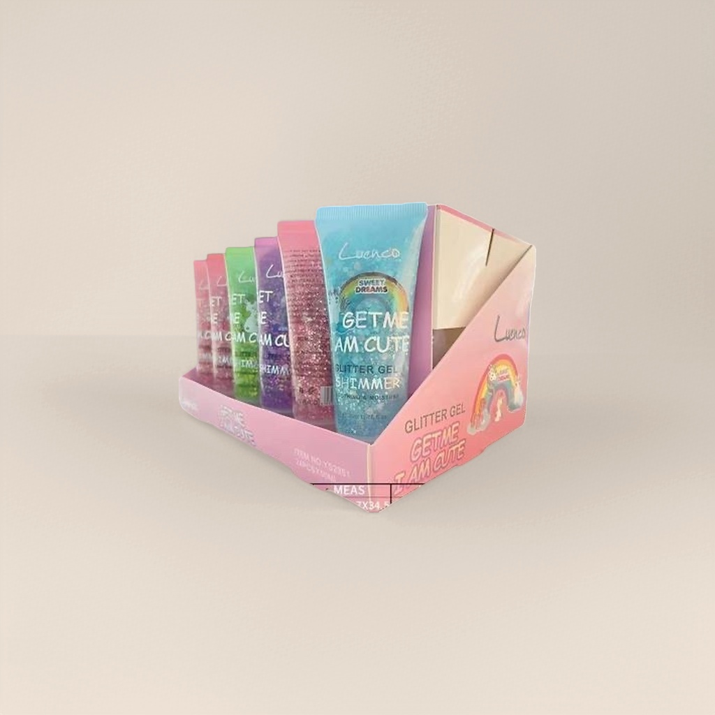 彩色 glitter gel 管装产品置于粉色展示盒中细节图