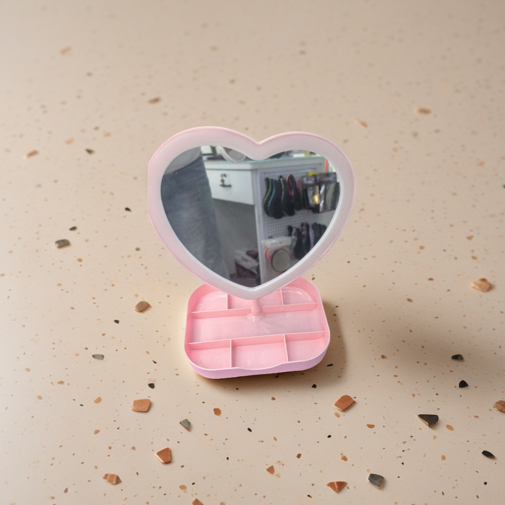 Pink heart-shaped makeup mirror storage box portable desktop organization box details Picture