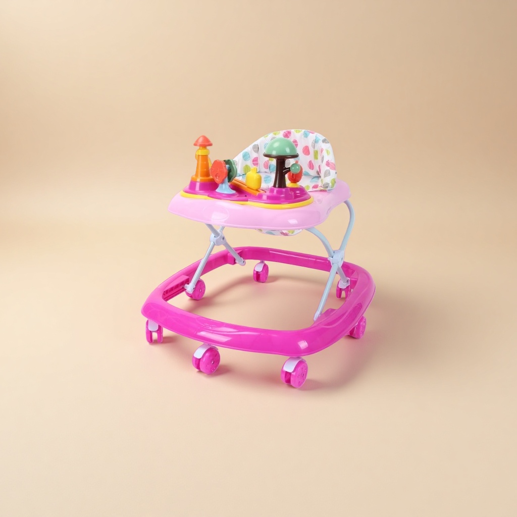 Pink baby walker, adjustable height, with musical toys Application Scenario