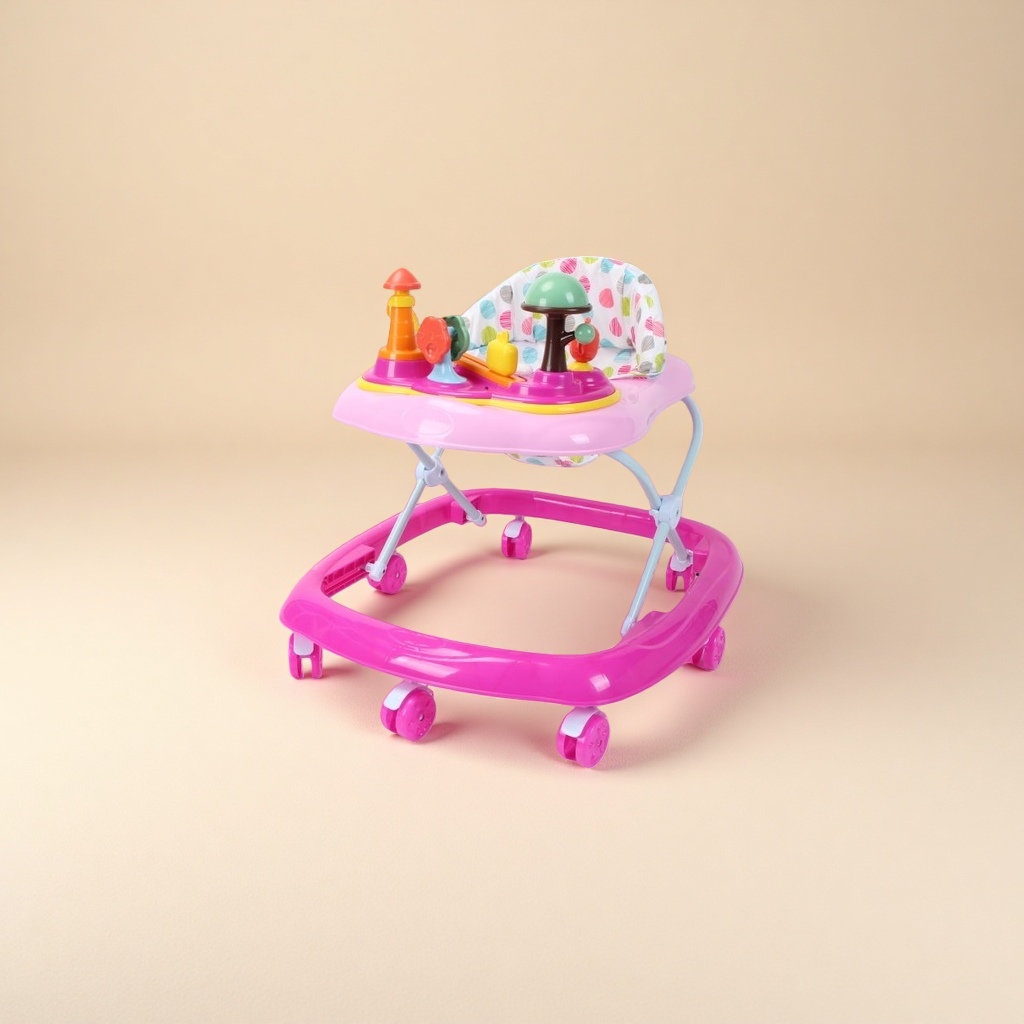 Pink baby walker, adjustable height, with musical toys details Picture