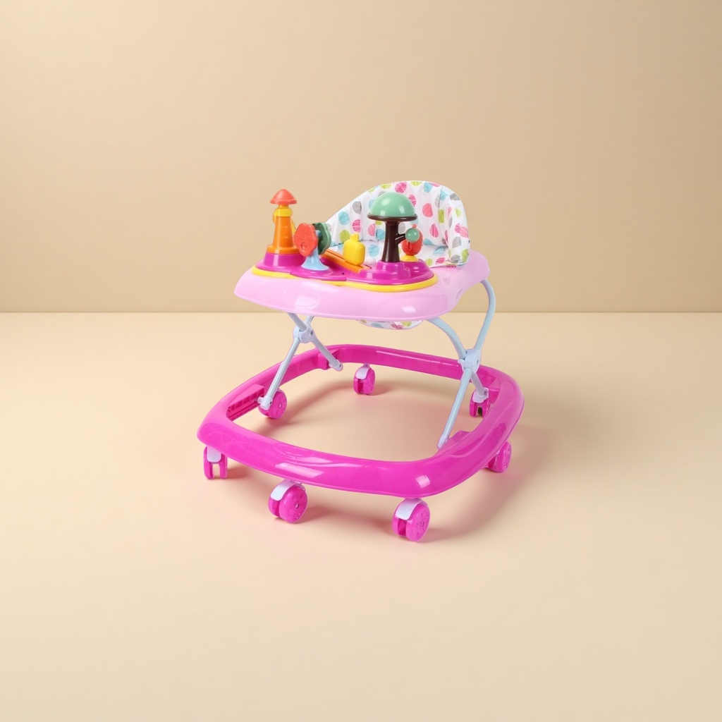 Pink baby walker, adjustable height, with musical toys Specification image