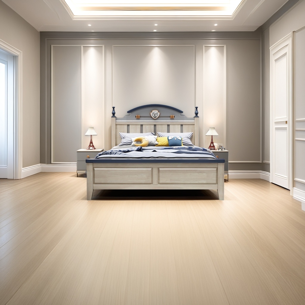 Marco de cama de madera clara con decoración azul oscuro borde superior curvado diseño insignia azul rayas blancas color amarillo almohada azul torre eiffel lámpara de noche gris blanco details Picture