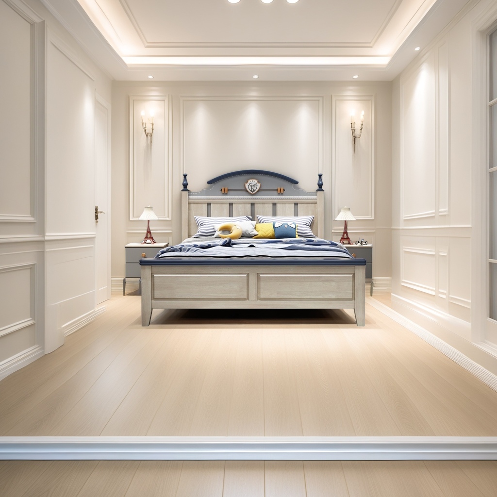 Marco de cama de madera clara con decoración azul oscuro borde superior curvado diseño insignia azul rayas blancas color amarillo almohada azul torre eiffel lámpara de noche gris blanco Specification image