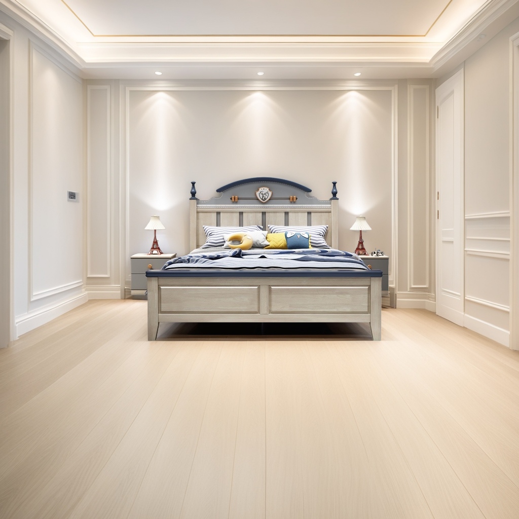 Marco de cama de madera clara con decoración azul oscuro borde superior curvado diseño insignia azul rayas blancas color amarillo almohada azul torre eiffel lámpara de noche gris blanco Application Scenario