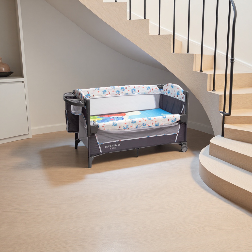 Colorful cartoon crib, safe and environmentally friendly, solid wood adjustable guardrail with rollers Specification image