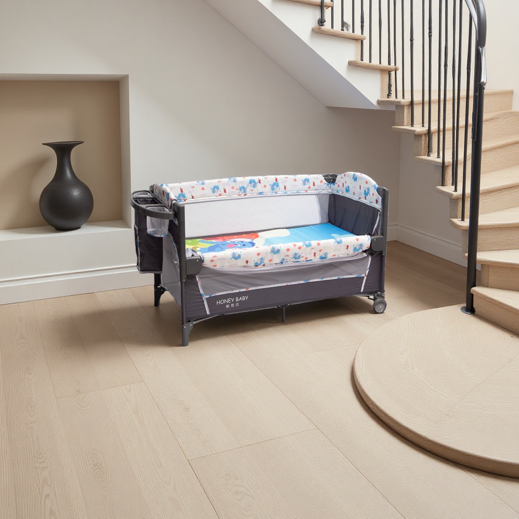 Colorful cartoon crib, safe and environmentally friendly, solid wood adjustable guardrail with rollers details Picture