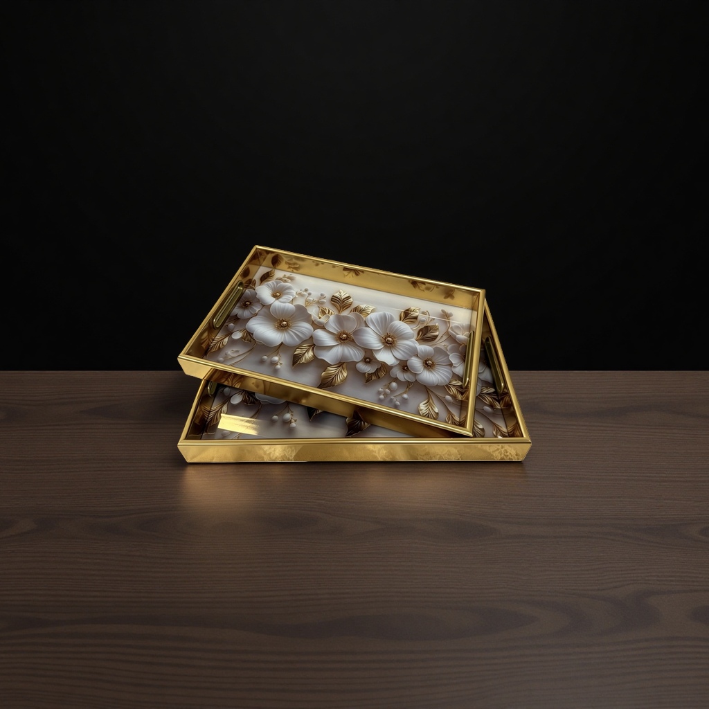 金色边框花卉图案托盘 家居装饰摆盘餐具收纳盘