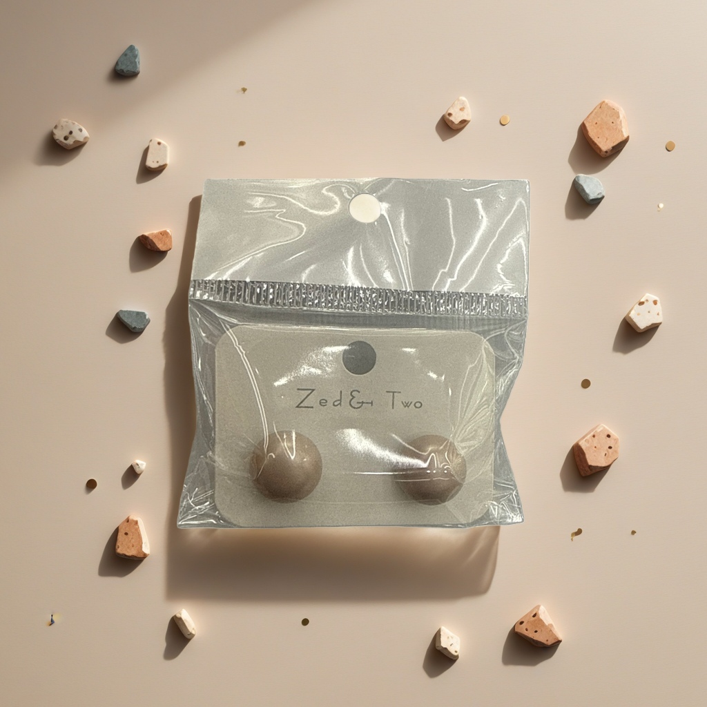 Zed & Two beige ear studs are packaged in transparent plastic bags with brand labels Application Scenario