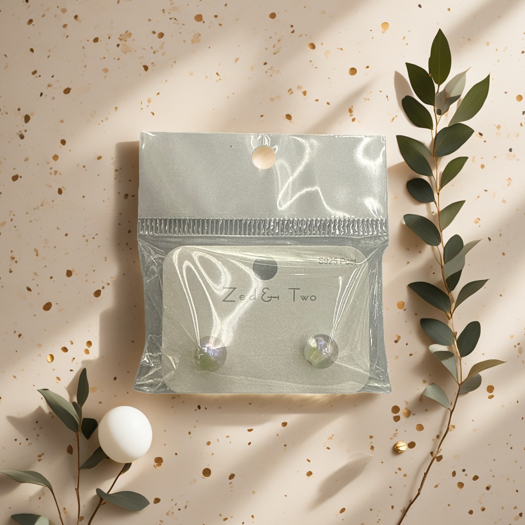 Zed & Two pearl-lustrous round stud earrings are packaged in transparent plastic bags with white card labels