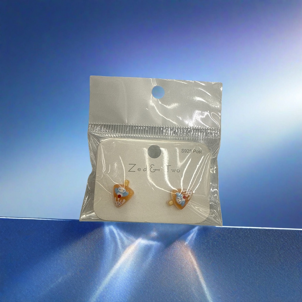 Transparent plastic bag packaging cartoon stud, orange background, blue and white bear pattern, white card printed Zed & Two S925 Post Application Scenario