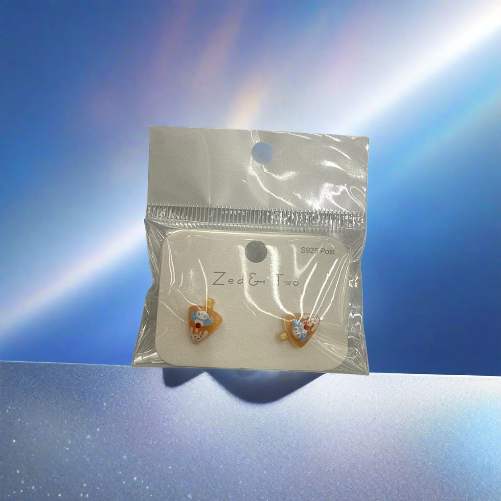Transparent plastic bag packaging cartoon stud, orange background, blue and white bear pattern, white card printed Zed & Two S925 Post