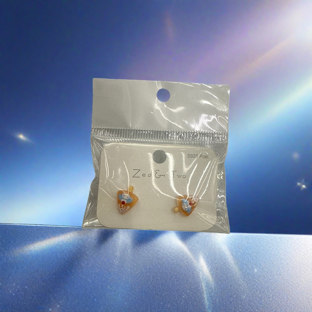 Transparent plastic bag packaging cartoon stud, orange background, blue and white bear pattern, white card printed Zed & Two S925 Post Specification image