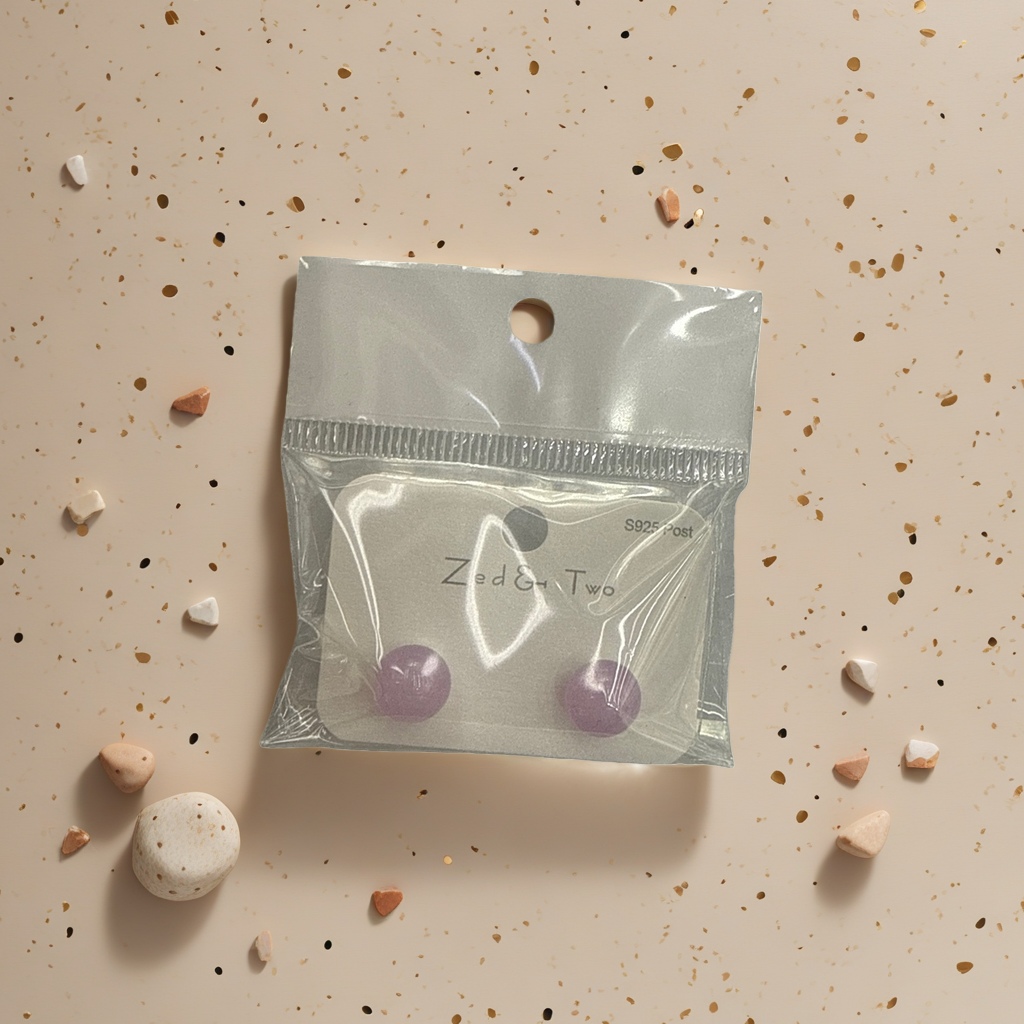Zed & Two purple round stud earrings are packaged in transparent plastic bags details Picture