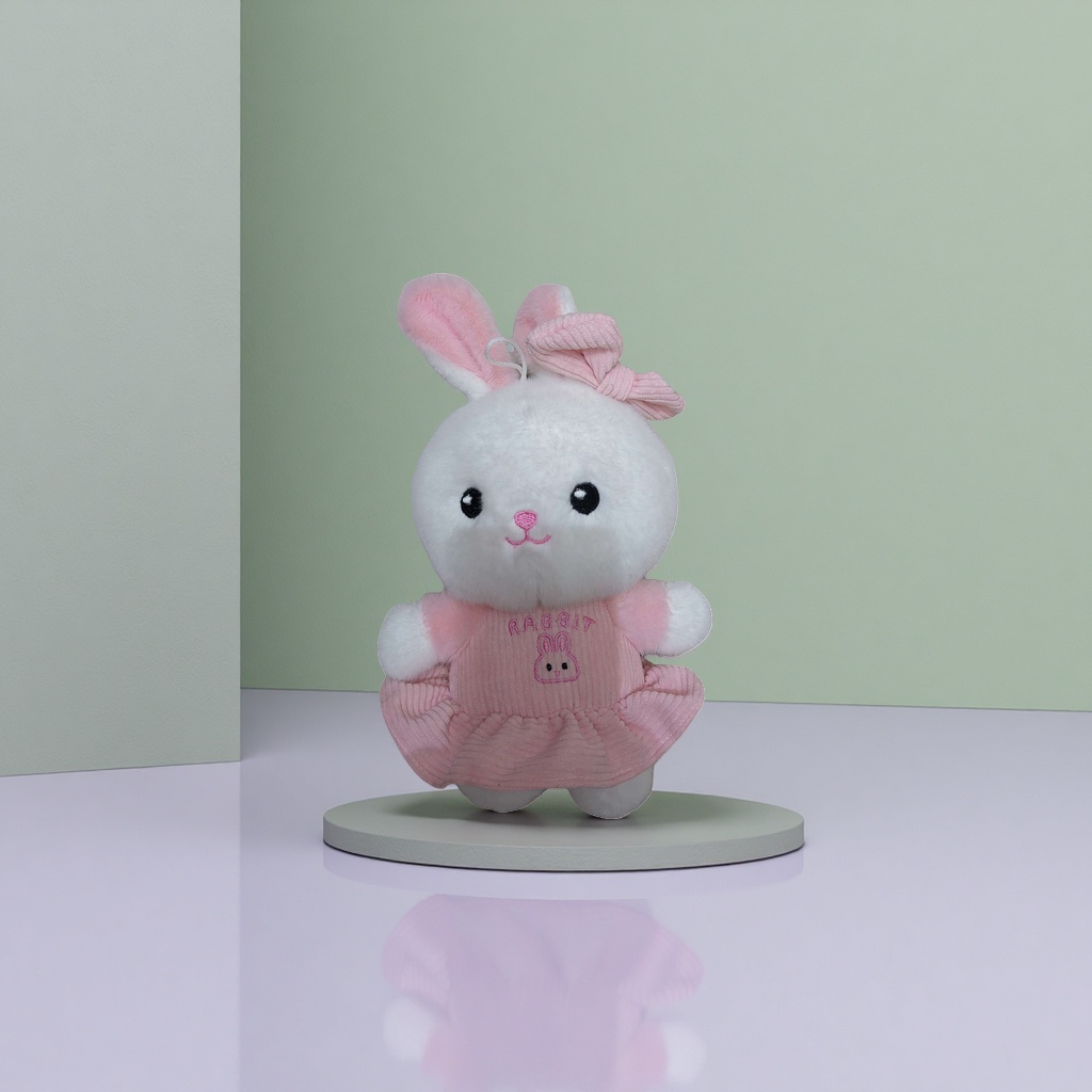 White plush rabbit doll, pink corduroy dress, bow headpiece, embroidered little rabbit badge, cute bedroom ornaments