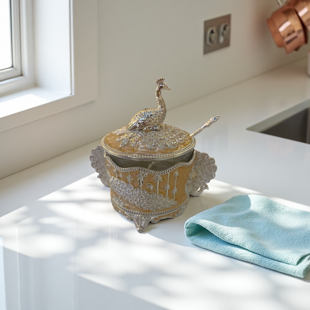 Silver peacock patterned decorative sugar jar, home decor, kitchen storage jar, seasoning jar