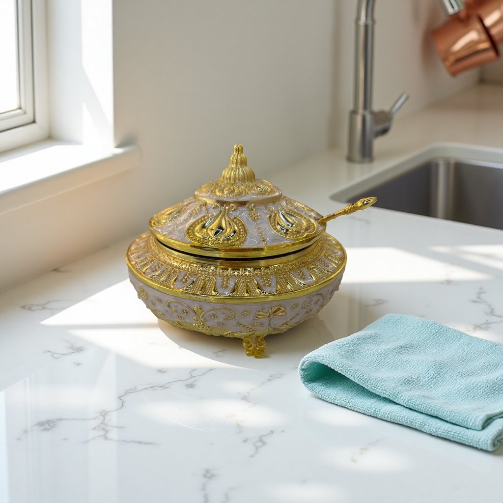 A small golden, white-glazed, carved lid jar with a spoon, a ceramic-sealed tea canister, a home decoration, and a seasoning jar