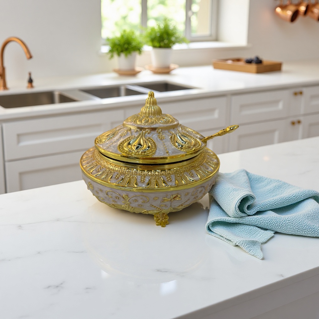 A small golden, white-glazed, carved lid jar with a spoon, a ceramic-sealed tea canister, a home decoration, and a seasoning jar Application Scenario