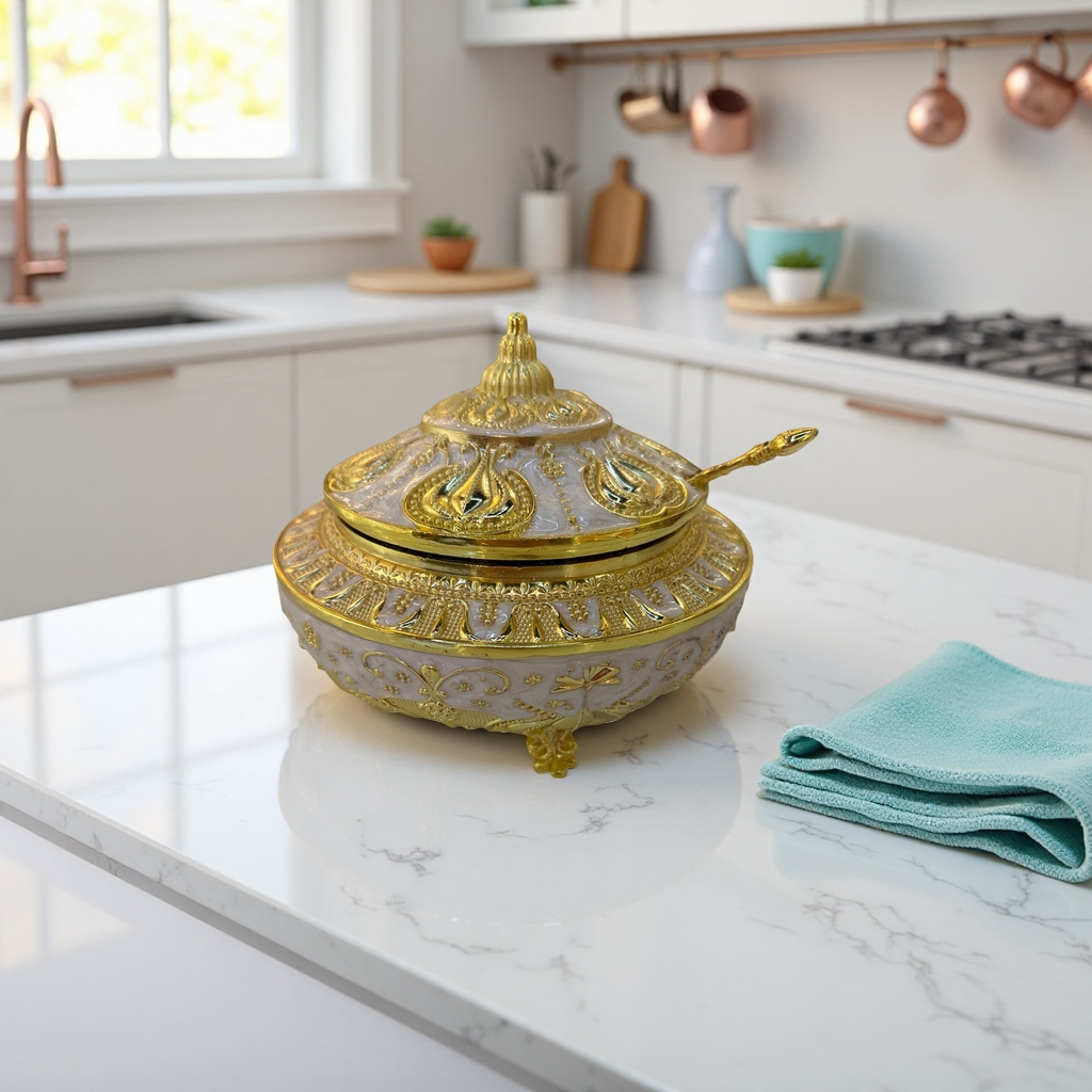 A small golden, white-glazed, carved lid jar with a spoon, a ceramic-sealed tea canister, a home decoration, and a seasoning jar Specification image