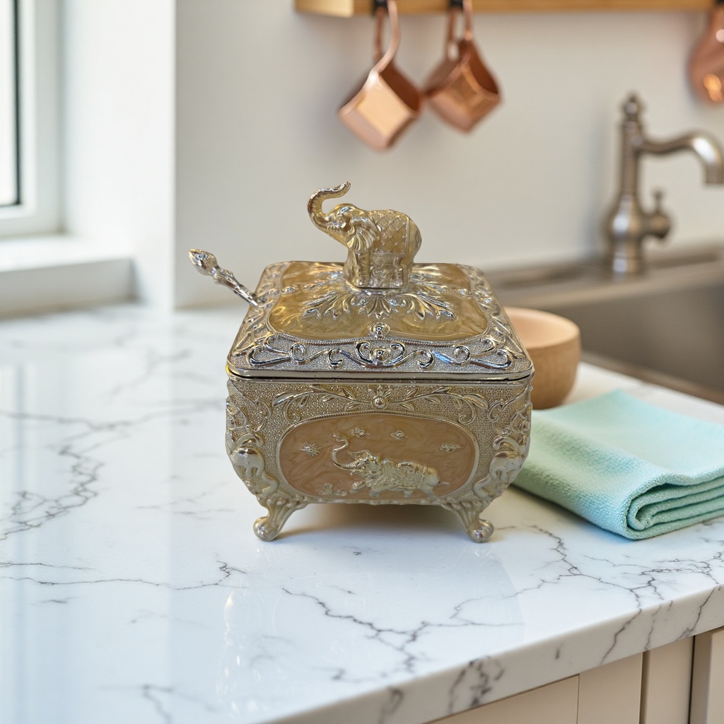 Golden silver-edged elephant-shaped storage box, home storage and organization box, elephant ornament, kitchen condiment storage jar Specification image