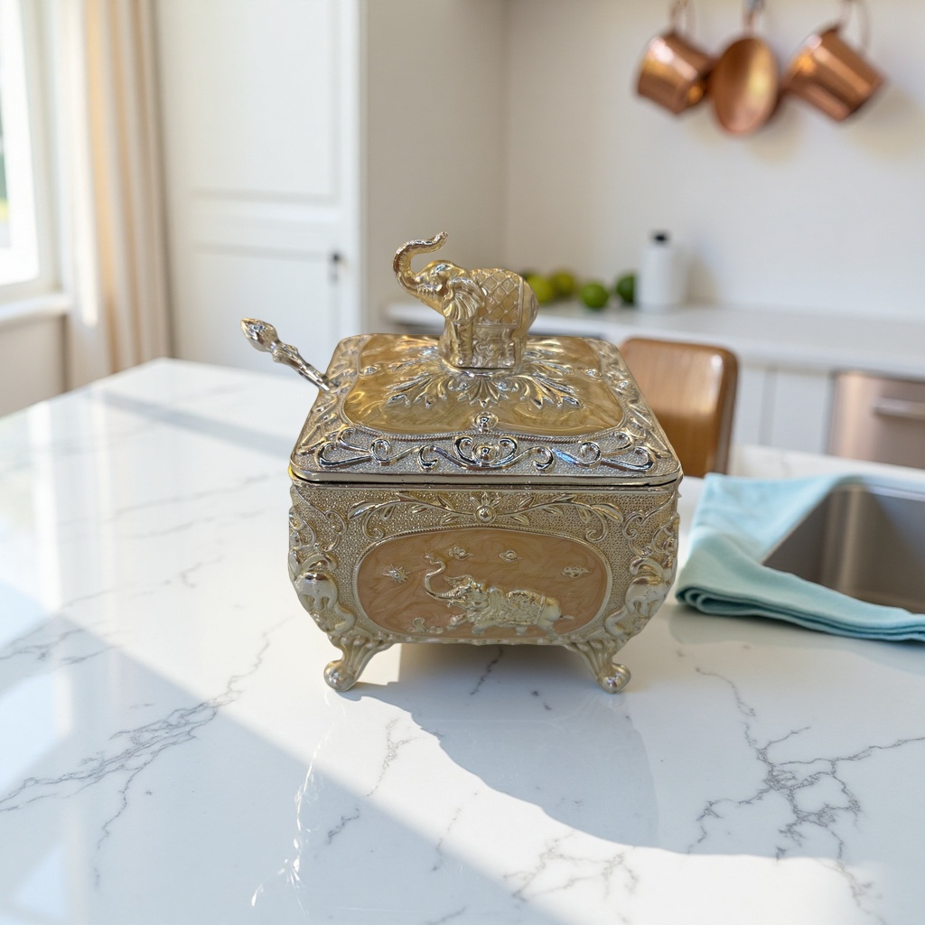 Golden silver-edged elephant-shaped storage box, home storage and organization box, elephant ornament, kitchen condiment storage jar Application Scenario