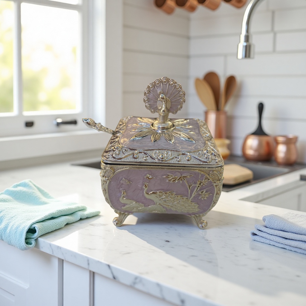Silver peacock pattern decorative box, metallic texture home decoration item, gift storage box, seasoning jar details Picture