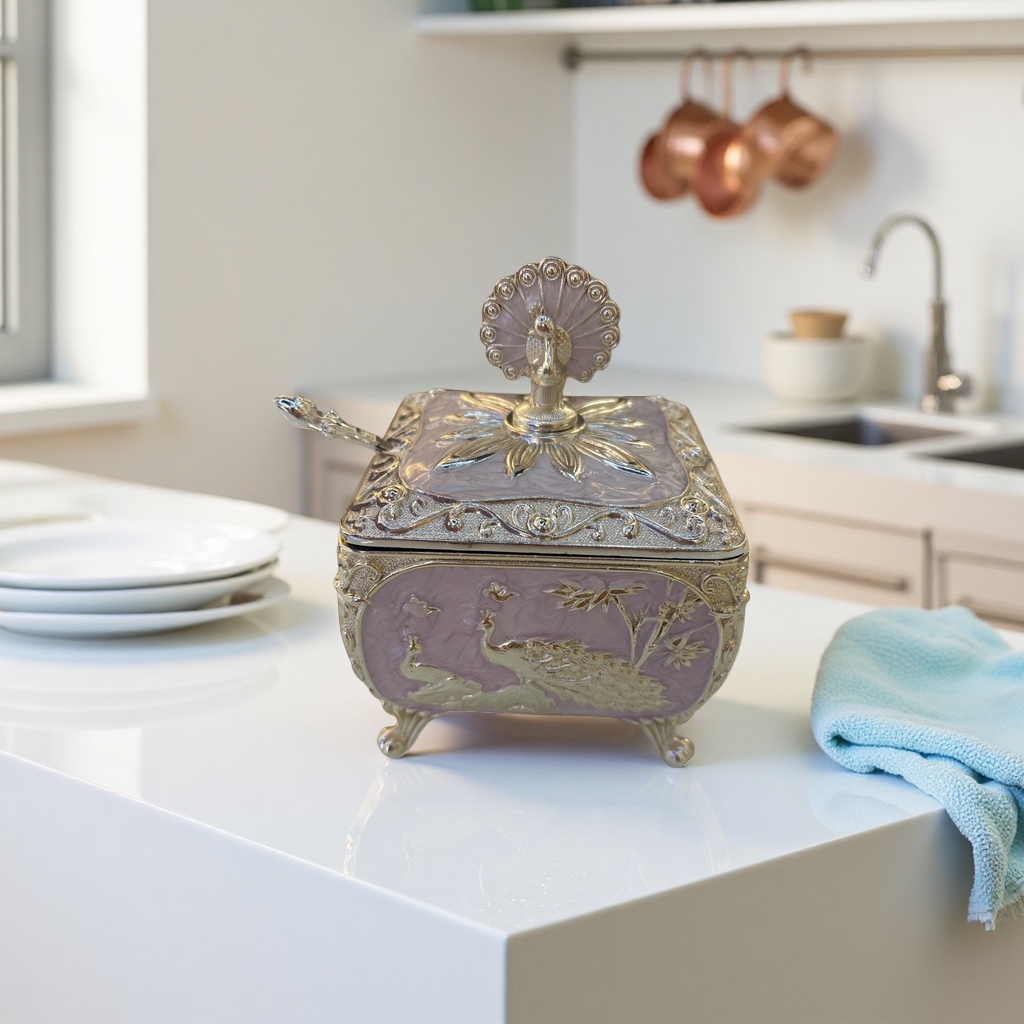 Silver peacock pattern decorative box, metallic texture home decoration item, gift storage box, seasoning jar Application Scenario