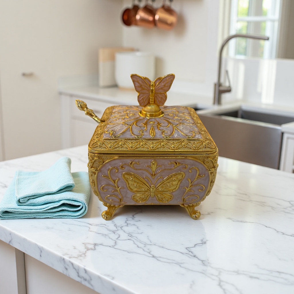 Golden butterfly decorative box, kitchen seasoning storage jar, seasoning jar, metal jar Application Scenario