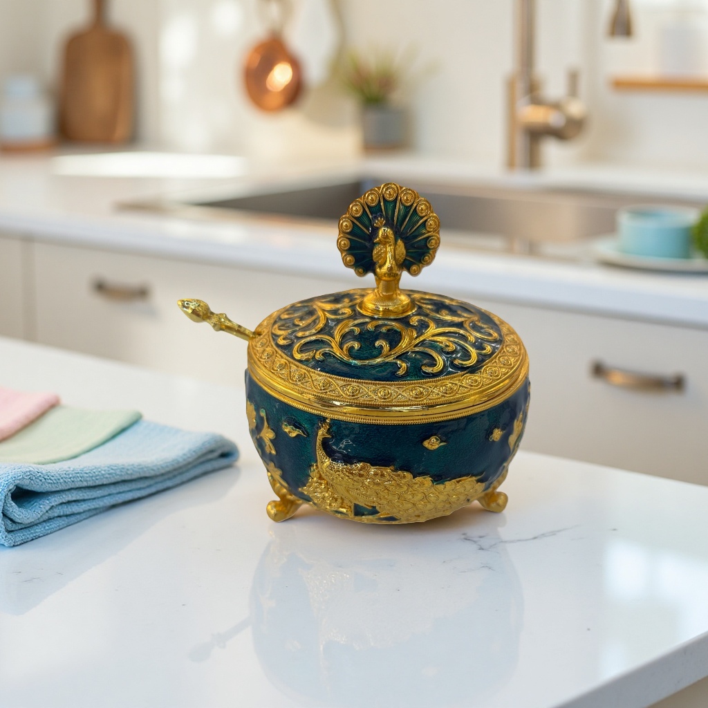 Blue and gold peacock patterned covered small ceramic sealed storage jar, home storage jar, kitchen condiment storage jar, seasoning jar Application Scenario