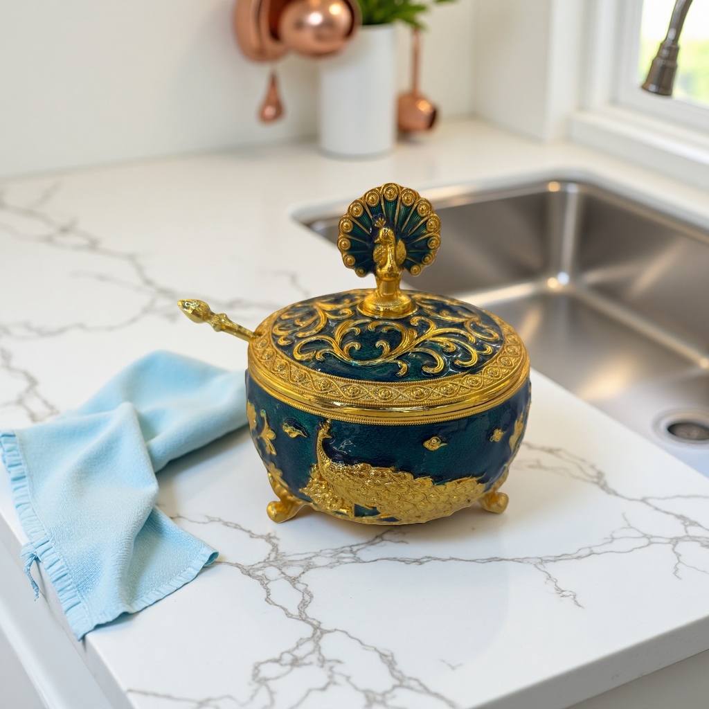 Blue and gold peacock patterned covered small ceramic sealed storage jar, home storage jar, kitchen condiment storage jar, seasoning jar Specification image
