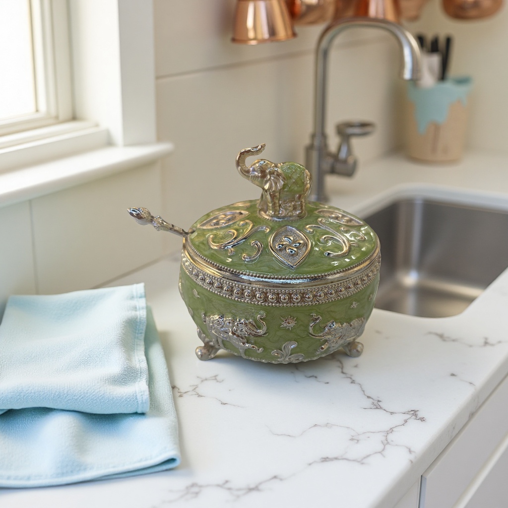 Green elephant creative decorative sugar jar, home kitchen storage jar, cute decorative item, kitchen seasoning storage jar, seasoning jar Specification image