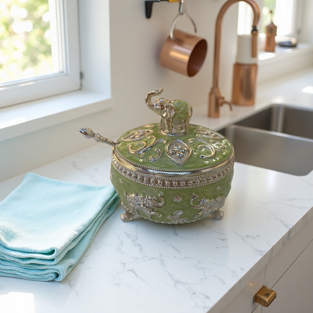 Green elephant creative decorative sugar jar, home kitchen storage jar, cute decorative item, kitchen seasoning storage jar, seasoning jar Application Scenario