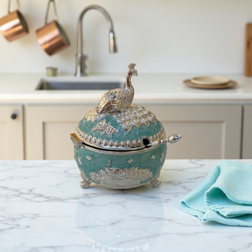 Green and blue peacock-patterned ceramic decorative sugar jar, home decoration, kitchen storage container, kitchen seasoning storage jar, seasoning jar Application Scenario
