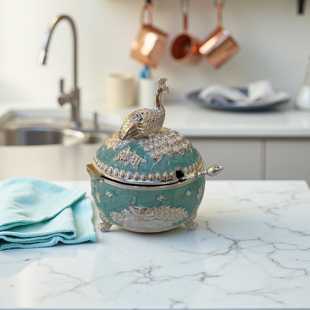 Green and blue peacock-patterned ceramic decorative sugar jar, home decoration, kitchen storage container, kitchen seasoning storage jar, seasoning jar details Picture