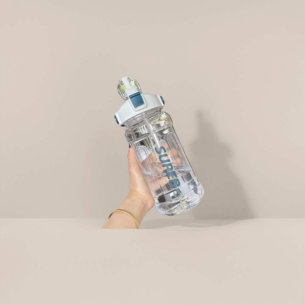 The transparent water cup with the "SUPER" logo, white and blue lid, and straw is portable to hold Application Scenario