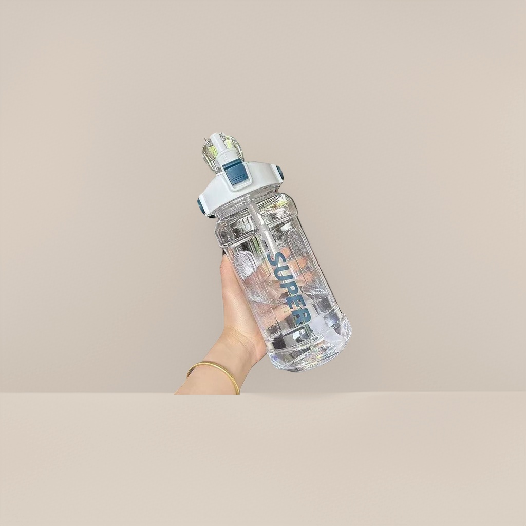 The transparent water cup with the "SUPER" logo, white and blue lid, and straw is portable to hold Specification image