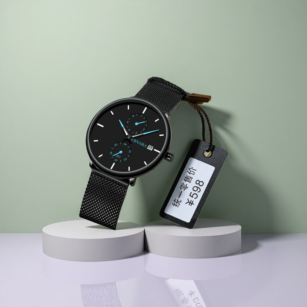 The black dial metal mesh strap watch comes in a beige leather box with a 598 yuan black tag details Picture